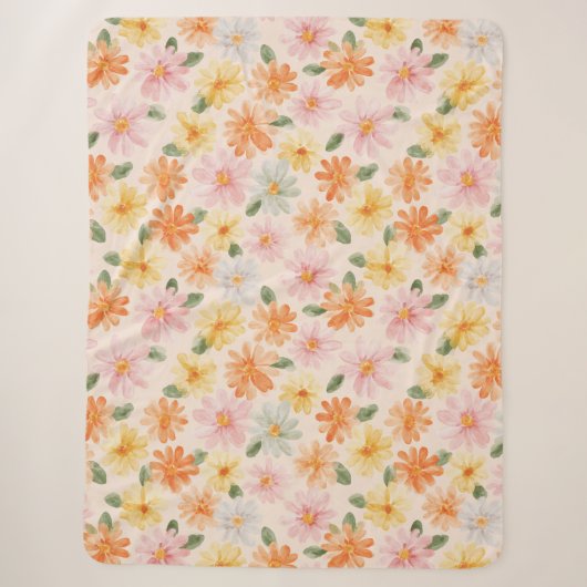 Couverture Sherpa Fleurs Rose Jaune Bleu Pêche (Devant)