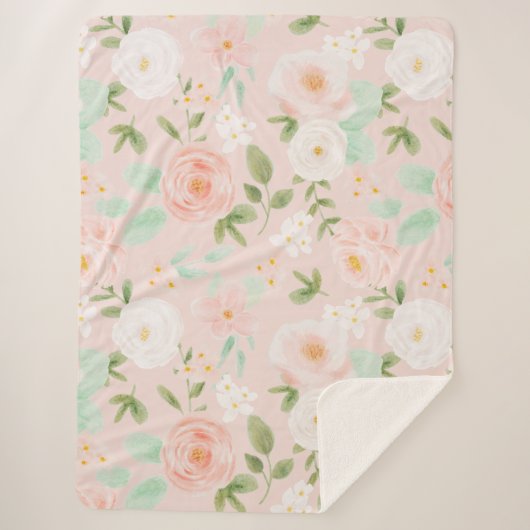 Couverture Sherpa Fleurs Roses d'aquarelle en rose et en rose (Devant)