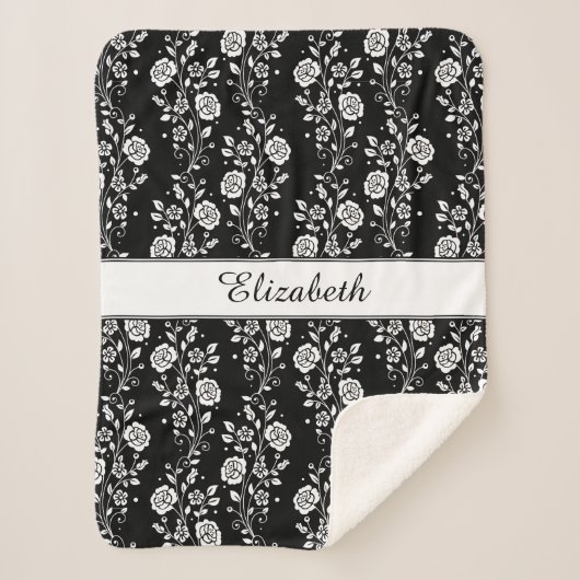 Couverture Sherpa Fleurs roses Motif Floral Noir & Blanc Nom (Devant)
