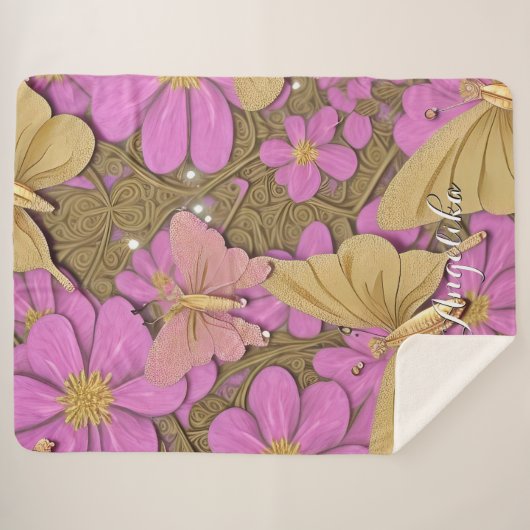 Couverture Sherpa Fleurs roses, Papillons d'or et votre nom (Devant (Horizontal))