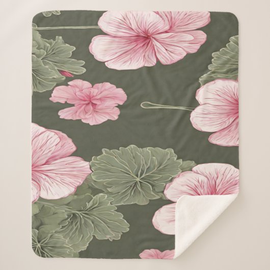 Couverture Sherpa Fleurs roses sur arrière - plan vert (Devant)