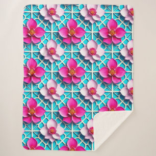 Couverture Sherpa Fleurs roses sur fond bleu géométrique