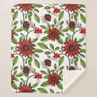 Couverture Sherpa Fleurs rouges abstraites et feuilles verts sur fon