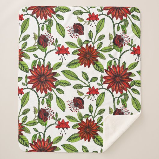 Couverture Sherpa Fleurs rouges abstraites et feuilles verts sur fon (Devant)