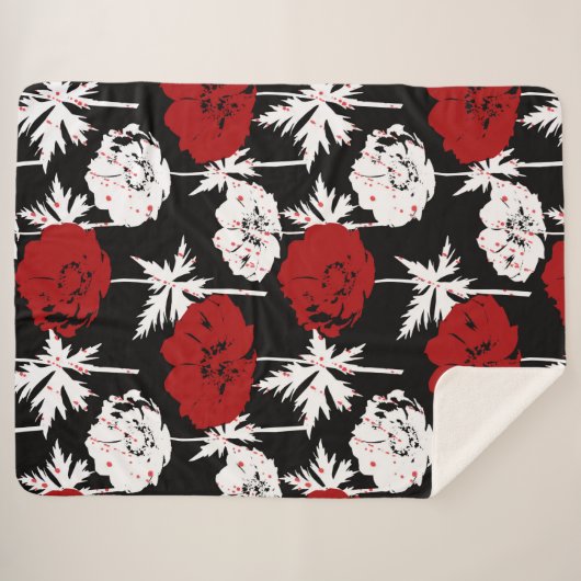 Couverture Sherpa Fleurs rouges, blanches sur le noir. (Devant (Horizontal))