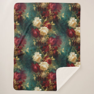 Couverture Sherpa Fleurs rouges blanches vertes