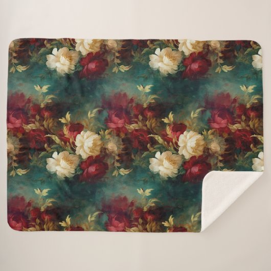 Couverture Sherpa Fleurs rouges blanches vertes (Devant (Horizontal))