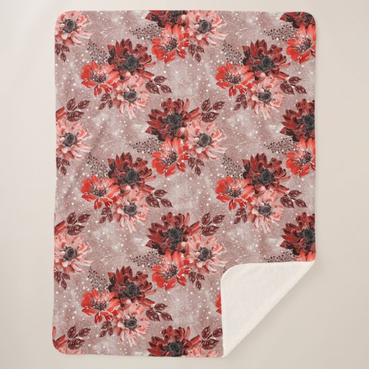 Couverture Sherpa Fleurs rouges, bordeaux. (Devant)