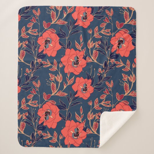 Couverture Sherpa Fleurs rouges de roses et pivoines avec feuilles e (Devant)