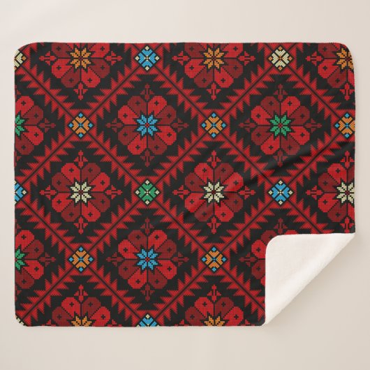 Couverture Sherpa Fleurs rouges Palestine Broderie tatreez Motif (Devant (Horizontal))
