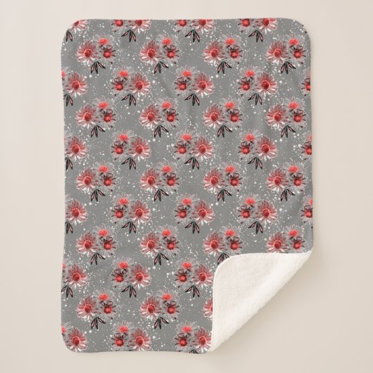 Couverture Sherpa Fleurs rouges sur gris (Devant)