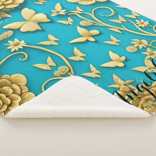 Couverture Sherpa Fleurs sarcelle et or Nom personnalisé (3/4)