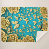 Couverture Sherpa Fleurs sarcelle et or Nom personnalisé (Devant (Horizontal))