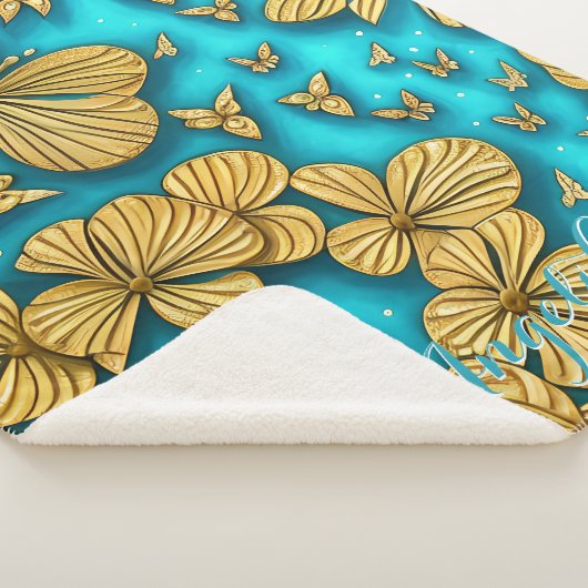 Couverture Sherpa Fleurs sarcelle et or Nom personnalisé (3/4)