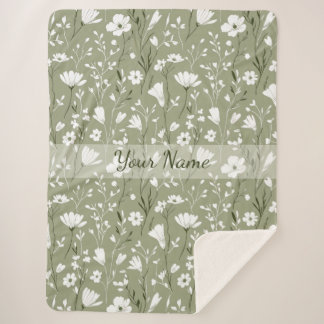 Couverture Sherpa Fleurs sauvages boho personnalisées Vert sauge