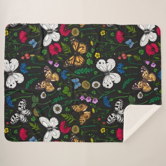Couverture Sherpa Fleurs sauvages et papillons sur le noir (Devant (Horizontal))