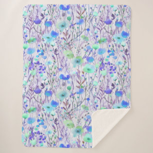 Couverture Sherpa Fleurs sauvages turquoise bleu élégant aquarelle