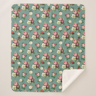 Couverture Sherpa Fleurs vintages sur bleu pierre, impression floral