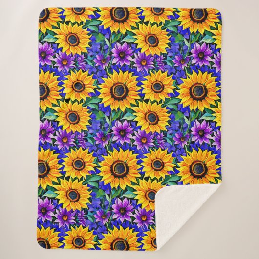 Couverture Sherpa Fleurs violettes et tournesols jaunes Floral (Devant)