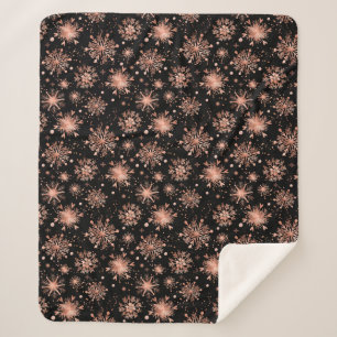 Couverture Sherpa Flocons de neige en or rose sur fond noir
