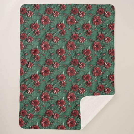 Couverture Sherpa Floral de Roses rouges vertes (Devant)