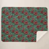 Couverture Sherpa Floral de Roses rouges vertes (Devant (Horizontal))