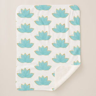 Couverture Sherpa Floral Lotus Aquarelle Mer Bleu & Faux Or