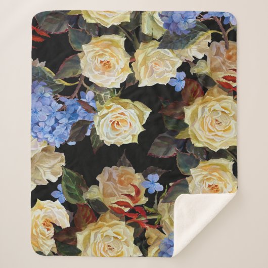 Couverture Sherpa Floral motif moderne, roses blanches, hydrangée bl (Devant)