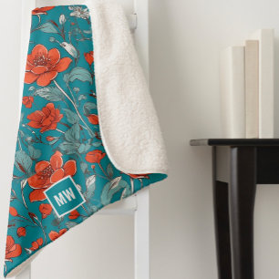 Couverture Sherpa Floral, orange rouge, pavot turquoise réglage mono