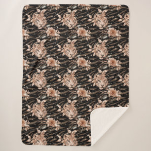 Couverture Sherpa Flore de tigre d'or Rose noir