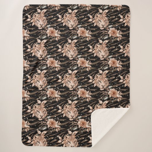 Couverture Sherpa Flore de tigre d'or Rose noir (Devant)