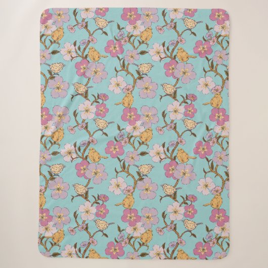 Couverture Sherpa Flore et Oiseaux de traînée en Whimsical - Turquoi (Devant)