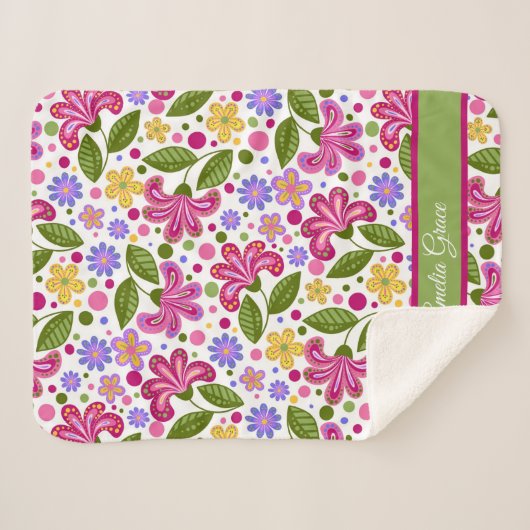 Couverture Sherpa Flore rétro Whimsical en rose et vert (Devant (Horizontal))