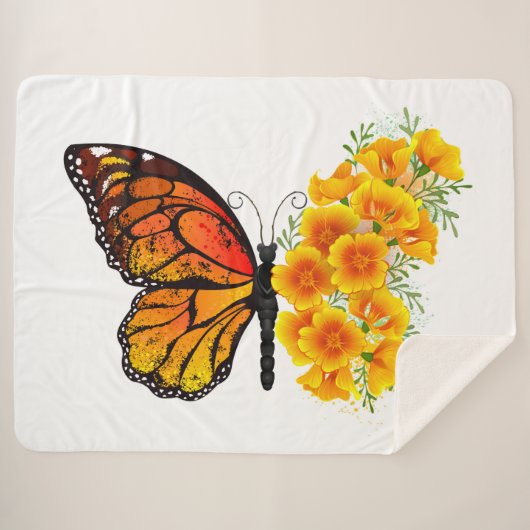 Couverture Sherpa Flower Butterfly with Yellow California Poppy (Devant (Horizontal))