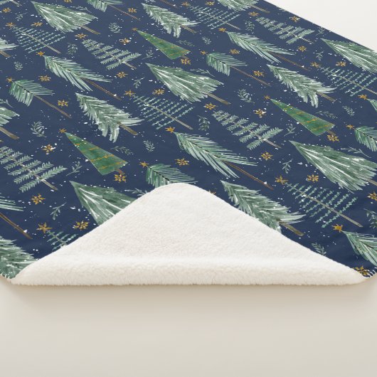 Couverture Sherpa Forêt d'hiver Neige Marine Aquarelle bleue Étoiles (3/4)