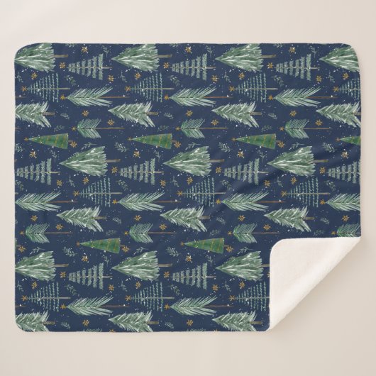 Couverture Sherpa Forêt d'hiver Neige Marine Aquarelle bleue Étoiles (Devant (Horizontal))