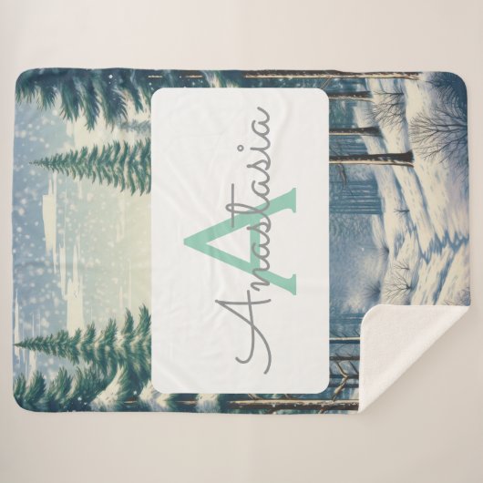 Couverture Sherpa Forêt d'hiver personnalisable avec Monogramme & No (Devant (Horizontal))