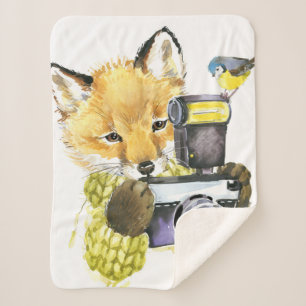 Couverture Sherpa Fox mignon d'aquarelle prenant des photos