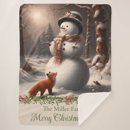 Couverture Sherpa Fox Snowman Vintage Noël (Devant)