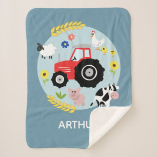 Couverture Sherpa Garçons Cute Blue Farm Animaux Tracteur & Nom Enfa