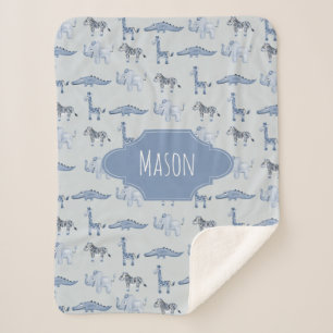 Couverture Sherpa Garçons Cute Blue Safari Animaux Motifs Enfants