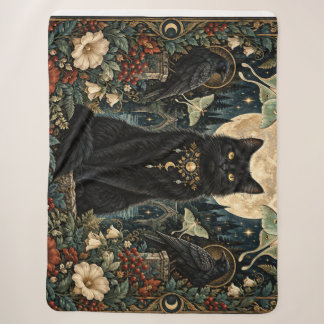 Couverture Sherpa Gato Negro Gótico Celestial con Luna y Cuervos.