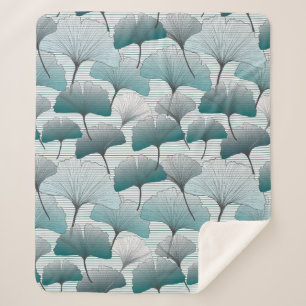 Couverture Sherpa Gingko biloba bleu motif sans soudure.