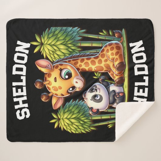 Couverture Sherpa Giraffe et Panda Nom monogrammé | (Devant (Horizontal))