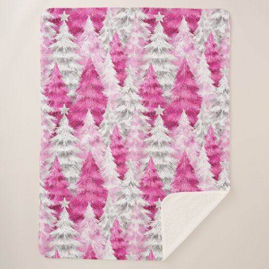 Couverture Sherpa Girly Pink Silver Glam Christmas Trees Stripes (Devant)
