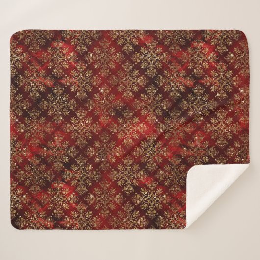 Couverture Sherpa Gold Holiday Red Christmas Metallic Damask Élégant (Devant (Horizontal))
