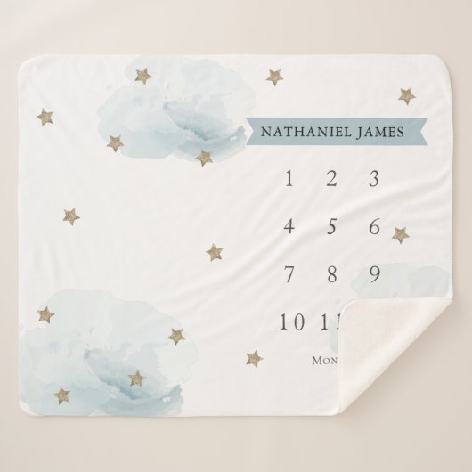 Couverture Sherpa Gold Stars & Nuages Blue Boy Mensuel Milestone (Devant (Horizontal))