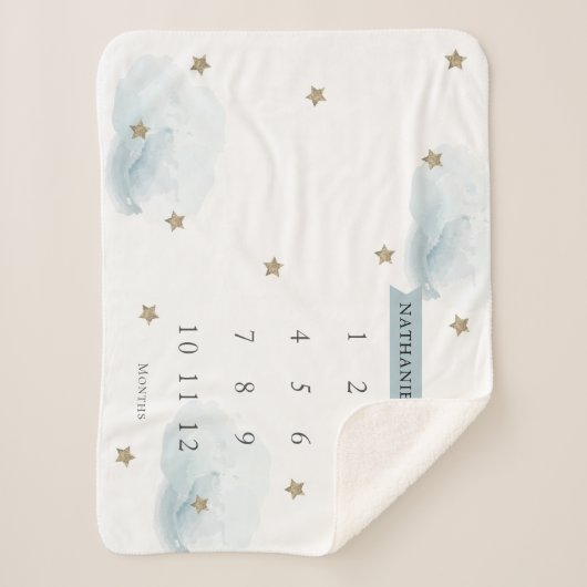 Couverture Sherpa Gold Stars & Nuages Blue Boy Mensuel Milestone (Devant)