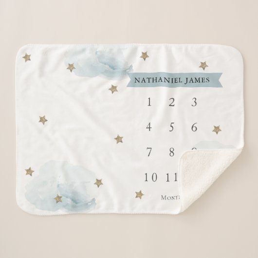 Couverture Sherpa Gold Stars & Nuages Blue Boy Mensuel Milestone (Devant (Horizontal))