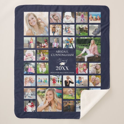 Couverture Sherpa Graduation Photo Collage Script CLASSE OF Navy Blu (Devant)